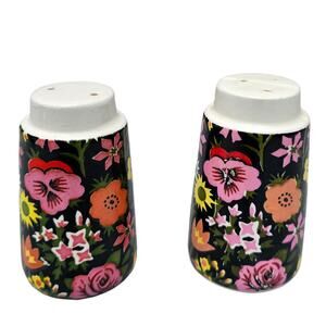 VTG Salt Pepper Shaker Set Pink Black Moody Mod Floral C-7681 Japan NapcoWare